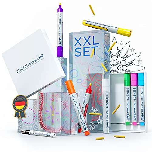 BENSCH Marqueurs à craie pour fenêtre et tableau avec 50 films de fenêtre – Kit complet avec feutre fin – 250 % de contenu en plus – Marqueur craie lavable multicolore – Set de marqueurs pour