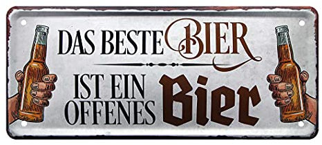 Das beste Bier ist ein offenes Bier - Retro Deko Blechschild - Metallschild Biertrinker Bierliebhaber - Dekoration Biergarten Partyraum Wohnung Man Cave Kneipe - Geschenk Männer Geburtstag - 28x12cm