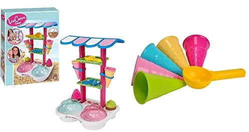 Simba 107102532 - Eisdiele, 13 Teile, 26x34x46cm, Sandspielzeug, Sandkasten, Eiswaffeln & 107108605 - Sandformen EIS, 5 Waffeln, 1 Portionierer, Sandspielzeug, 15cm, Geschenkset, Sandkasten