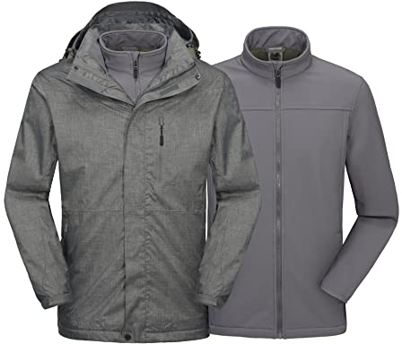 Mapamyumco Herren 3-in-1 wasserdichte Skijacke Windjacke Winterjacke Fleecefutter Regen und Schnee Outdoor-Wandern Grau M