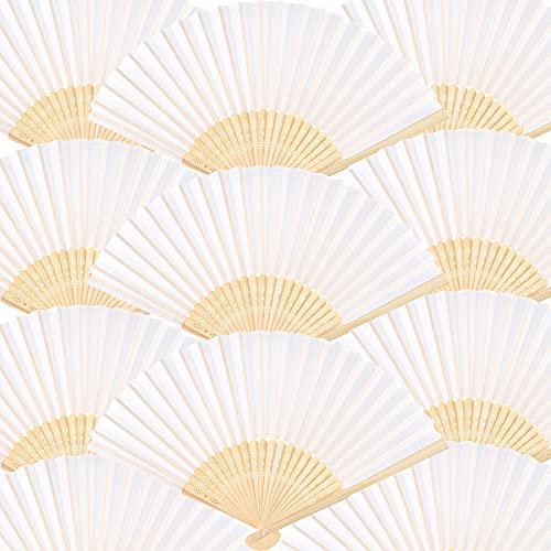 FEPITO 50 Pieces White Handheld Paper Fan Paper Folding Fans with Bamboos for Wedding Gift, Party, Home