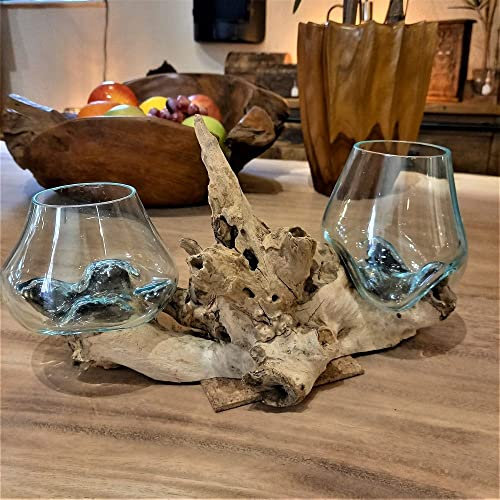 Natural Tree Root Wood with Molten Glass Double Bowls - Small - Hand Blown Natural Shape Glass Forms Over The Wood (Part of Our Reclaimed Natural Teak Root Wood Range)
