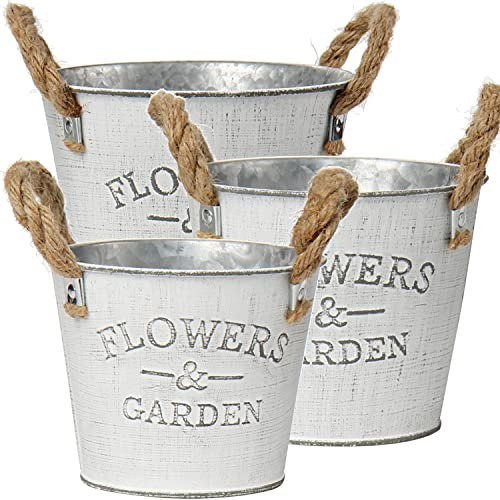 Oairse 2PCS Hanging Plant Pot Galvanised Planter with Detachable Hook Zinc Plant Pot Vintage Metal Flower Pot Garden Vase Bucket for Indoor Outdoor Balcony Decor