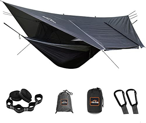 AnorTrek Camping Hammock avec moustiquaire et bâche de Pluie, hamac Double Portable avec Deux Sangles d'arbre, hamac en Nylon 210T et Ensemble bâche imperméable pour la randonnée, Le Camping