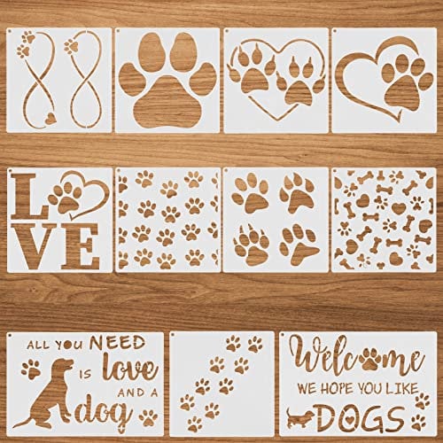 Prasacco 11 Stück Hundepfoten Druck Schablonen, Wiederverwendbar Pfoten Schablonen zum Malen aus Kunststoff Stencil Drucker für Bastelarbeiten, Scrapbooks, Malen auf Holz, Wand, Heimdekoration