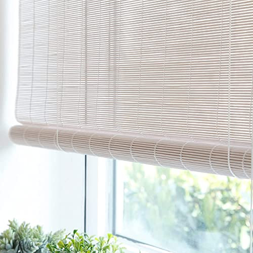 GeYao Natural Window Roller Blind - Bamboo Door Curtain,White Bamboo Roller Blinds Light Filtering 60% Blackout Lifting Privacy Roll Up Shades Curtain for Window/Doors,Customizable