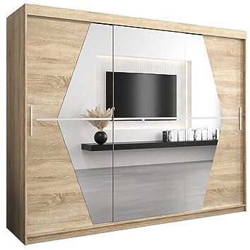 E- MEUBLES Armoire de Chambre avec 3 Portes coulissantes et Miroir Style Contemporain Penderie (Tringle) avec étagères (LxHxP): 250cmx200cmx62cm BOLA (Chêne Sonoma)