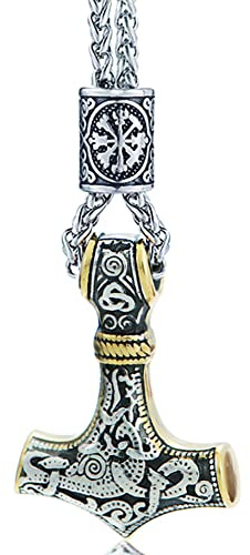 ZFSBRTL Thors Hammer Halskette, Herren Nordische Mythologie Edelstahl Mjölnir Anhänger Wikinger Vegvisir Rune Amulett Biker Schmuck Jubiläum Geburtstagsgeschenk 60Cm Kette
