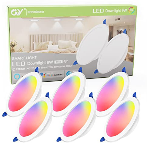 GY LED Einbaustrahler Spots 230V Flach Dimmbar,Smart Einbauleuchten Deckenspots Deckenstrahler Kompatibel mit Alexa/Google Home,9W 760lm,RGB Warmweiß-Kaltweiß Einbauspots für Badezimmer,6er Set