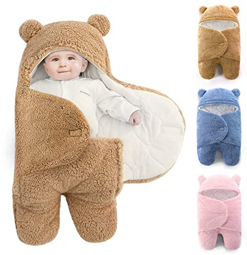 SUPGOMAX Neugeborene Kapuzendecke Teddy Schlafsack, Baby Kapuzendecke Plüsch Baby Swaddle Decke, Winter Verstellbare Wickeldecken für 0–6 Monate