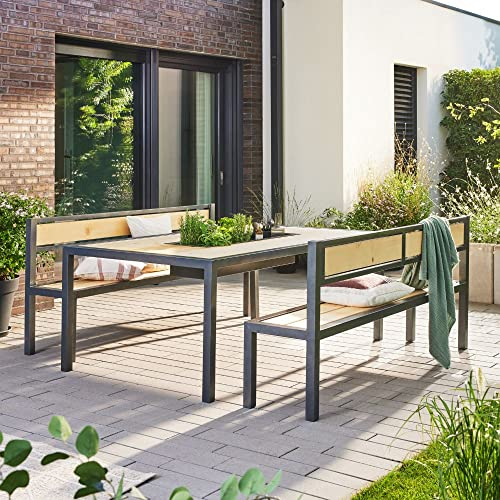 Home Deluxe - Sitzgarnitur Naxos - 200 x 76 x 114 cm, Material: Stahl, Sibirische Lärche, 3-Teilig - 1 Tisch, 2 Bänke I Gartenmöbel Sitzgruppe Gartengarnitur