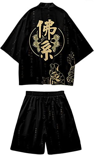 DOSLAVIDA Ensemble kimono de style japonais léger, veste ouverte sur le devant, pour hommes, tenue de plage, d’été, deux pièces, Medium