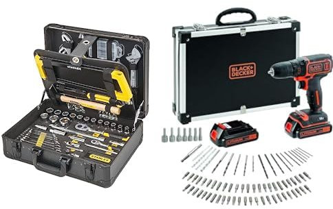 STANLEY Valise de Maintenance 142 Pièces - Pinces et Coupe-Touts, Clé à Molette & BLACK+DECKER Perceuse Visseuse Sans Fil 18 V Li-Ion avec Chargeur - Inclus 80 Accessoires et 2 Batteries