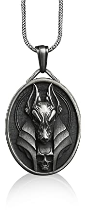 BySilverStone - Anubis Sterling Silber Anhänger Halskette, Ägyptische Mythologie Anhänger Schmuck, Anubis Kopf Halskette, Ägyptischer Gott Anubis Silber Anhänger