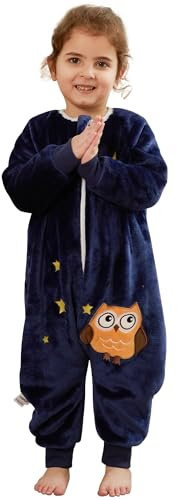 COOKY.D Unisex Flanell-Langarmschlafsack mit Füßen Dreifach-Reißverschluss Blau Eule,5-6 Jahre