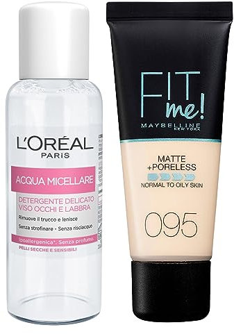 Maybelline New York Fit Me Matte & Poreless Mattierende flüssige Grundierung Farbe 095 Fair Porcellaine + Micellares Wasser, mildes Reinigungsmittel für Gesicht, Augen und Lippen, Reiseformat, 30 ml