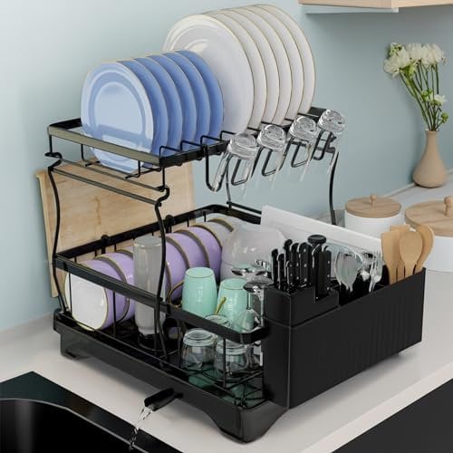 PRIME FEEL 2 Tier Dish Drainer Rack, Rustproof Dish Drying Rack for Kitchen Countertop, Draining Board Rack with Drip Tray, Cutlery Drainer, Glass Holder & Chopping Board Rack, (Black)