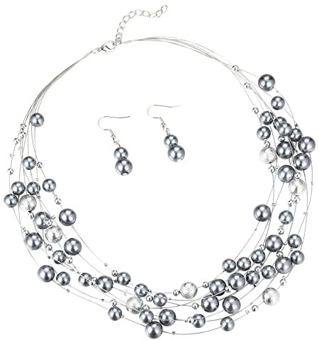 FULU AUTUMN Boho Perlenkette Damen Silber Statement Kette Mehrreihige Modeschmuck Geburtstagsgeschenk für Frauen(37-Grey)