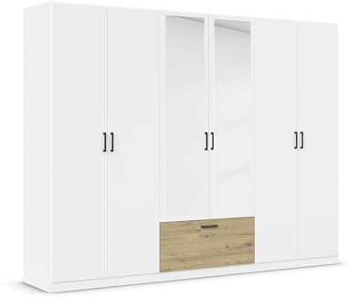 Rauch Möbel Bari, Drehtürenschrank, 6-türig, Kleiderschrank Weiß/Eiche Artisan, 1 Schublade, mit Spiegel, 271x210x54cm