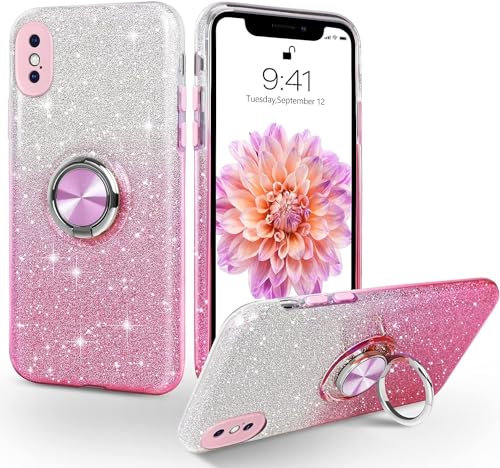 MOBISTAR® Bling Glitter Case for iPhone XS Max - 6.5'' - Sparkly Slim with 360° Ring Holder Kickstand Support Magnetic Car Mount Protective Cover (Pink)