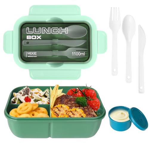 GUBOOM Lunch Box, 1100Ml Bento Box Fiambrera Infantil y Adultos con 3 Compartimentos y Cubiertos, Caja Bento a Prueba de Fugas con Adecuado para Microondas, Lavavajillas, Picnic, Oficina (Verde)
