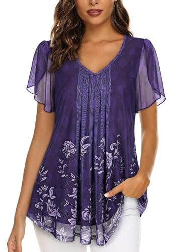 ACDAY Ladies Tunic Tops Women Summer Top Chiffon Blouse for Womens UK Purple Tops for Women Elegant V Neck Mesh Floaty Tops Casual V Neck Ladies Top Chiffon Formal Outfits for Evening Wear