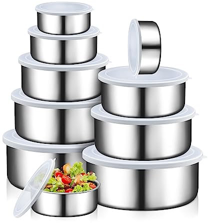 LELE LIFE 10 Pack 5 Sizes Stainless Steel Food Containers with Lids- 240/370/605/835/1200ml - Nesting Stainless Steel Food Storage Containers for Leftovers, Lunch Box, Snacks, Camping, Picnic