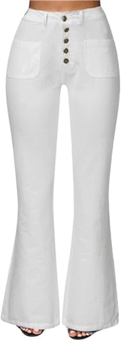 ZH8FCHAN Damen Wide Leg Jeans High Waisted Flare Bell Bottom Leg Button Fly Denim Hosen (White,XS)