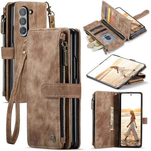 UEEBAI Handyhülle für Samsung Galaxy Z Fold 6 5G, Retro Reißverschluss Hülle Premium PU Leder Weiche Klapphülle Magnetverschluss Kartenfach Standfunktion Geldbörse mit Trageband Schutzhülle - Braun