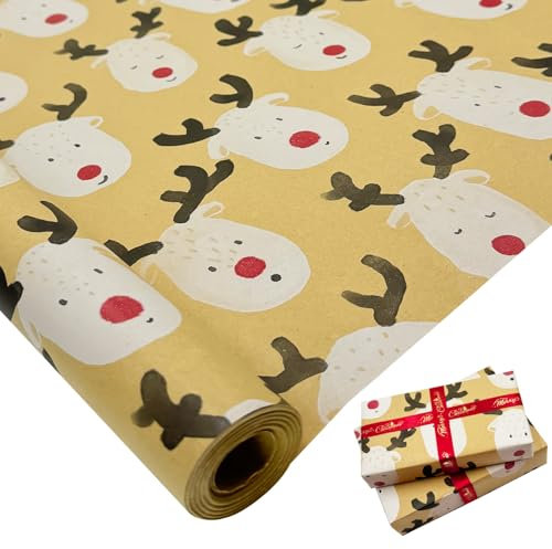 Große Geschenkpapierrolle: Weihnachts Geschenkpapier groß 76cm x 12m Kraftpapier festliches der Elch Design zum Verpacken von Weihnachts und Geburtstagsgeschenken