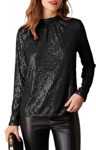 GRACE KARIN Blusa de manga larga con lentejuelas para mujer, cuello alto, con purpurina, vintage, para fiesta, club, Negro, S