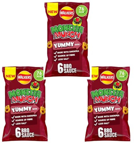 Walkers Monster Munch BBQ Sauce Flavour Crisps, 6 x 16g,(3 Pack), 76 Kcal Per Pack, 319 KJ Per Pack, Source of Fibre, No Artificial Colours or Preservatives, Baked, Less Salt, Suitable for Vegetarians