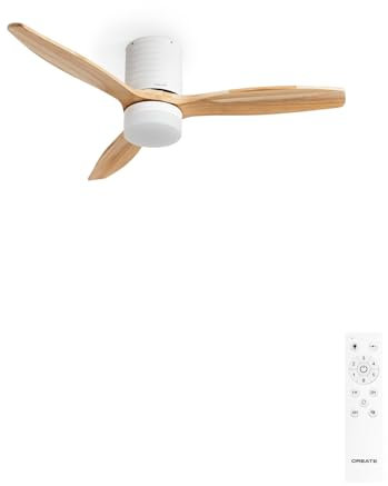 CREATE / WINDCALM LINE/Ventilatore da soffitto bianco con luce e telecomando, pale Legno chiaro linee orizzontali / 40W, Timer, Ø132 cm, 6 velocità, 3 temperature di luce, funzione estate-inverno