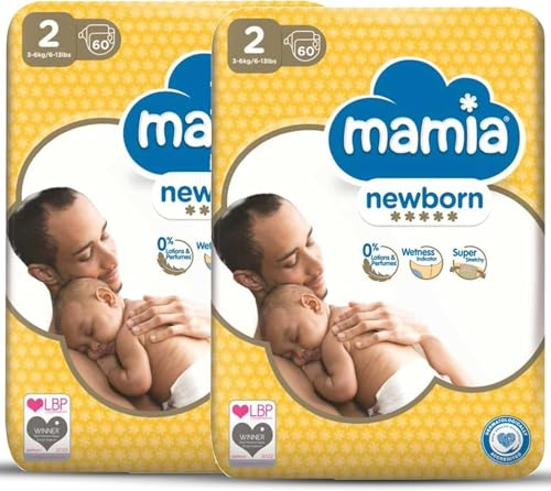 New Born Windeln/Windeln Mamia Größe 0 bis 5 (Weiß 1, Größe 2, 2 Stück, 120 Stück)