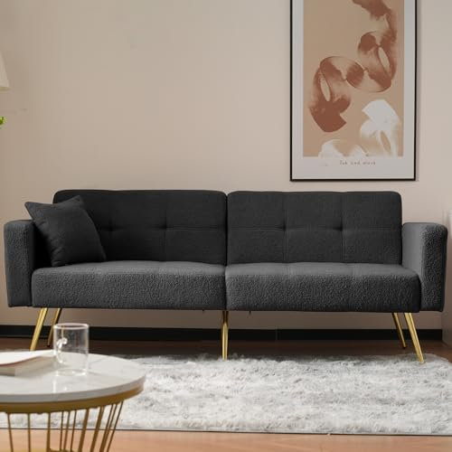 Kebnor Schlafsofa mit Bettfunktion, verstellbarem Winkel, goldenen Beinen, mit Kissen und seitlichen Aufbewahrungstaschen (dunkelgrau)
