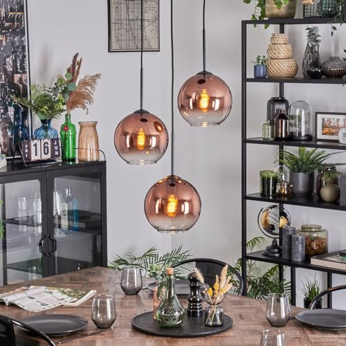 HOFSTEIN Hängeleuchte Koyoto, 3-flammige Hängelampe aus Metall/Glas in Schwarz/Kupferfarben/Klar, moderne Pendelleuchte im Retro/Vintage-Design, Schirme Ø 20 cm, E27, Esszimmer, Küche, Wohnzimmer