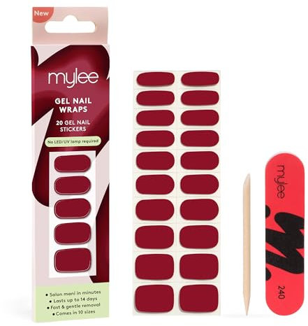 Mylee Gel Nail Wraps – 10 Pre-Cured Gel Stickers for Instant Mani – No Lamp Needed, Chip-Resistant, Glossy Finish, Lasts Up to 14 Days – Easy to Apply, Vegan & Cruelty-Free (0017 - As Red As It Gets)