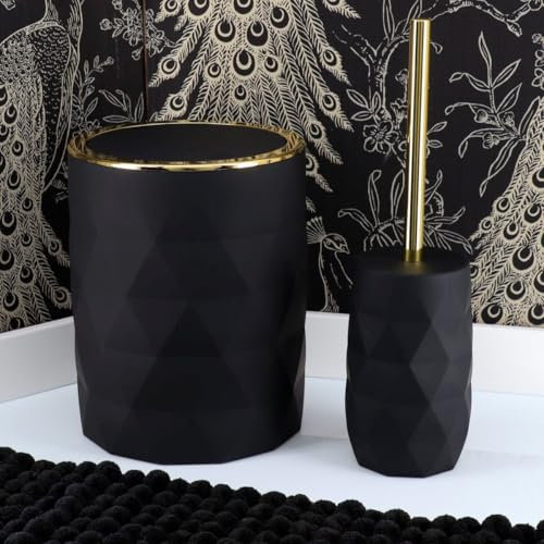 LiKeKa® Badaccessoire-Set 2-teilig – 6L Kosmetikeimer mit Toilettenbürste – Hygienisch & modern - Mülleimer mit Deckel & Edelstahl-Bürste – Elegantes Design für Bad & Gäste-WC (Gold/schwarz)