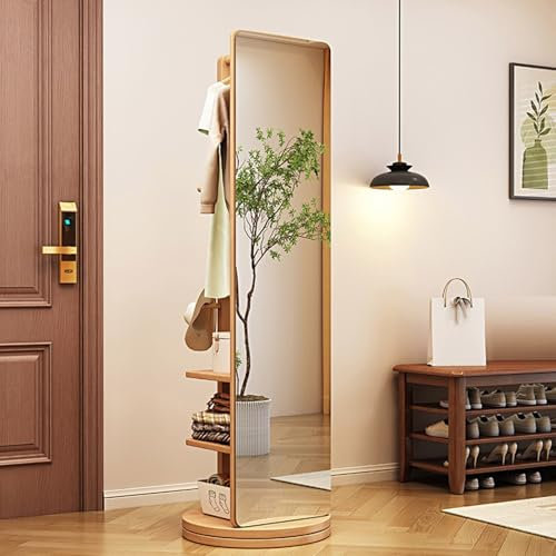 Miroir Intégral Rotatif, Miroir Pleine Longueur en Bois Rotatif à 360° avec Portemanteau, Miroirs Debout 2 en 1 avec Porte-vêtements, pour Vestiaire de Chambre à Coucher de Salon, 65,7 * 15,7 pouces
