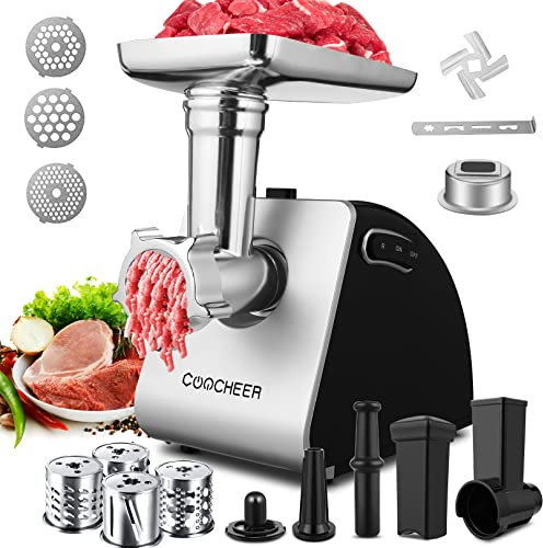 COOCHEER Hachoir à viande électrique 5 en 1 2000W, Multifonction Hachoir Électrique avec 3 Plaques de Broyage en Acier Inoxydable, Accessoires Kubbe Saucisses Biscuits pour Viande Légumes