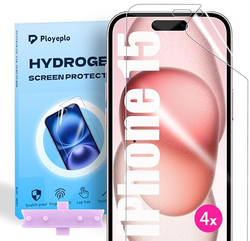 Ployeplo Hydrogel Displayschutzfolie für iPhone 15, 4 Stück HD Hydrogel Folie mit Positionierhilfe, TPU Hochempfindliche Flexible Transparente Kratzfest Schutzfolie