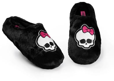 Monster High Women's Black Fluffy Mule Slippers | Cartoon Skull with Bow Design | Stylish Home Wear & Lounging Footwear | Comfortable Indoor Slippers Merch