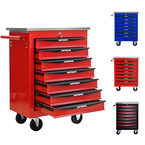 ELIHGTBY Roll-Werkzeugkoffer, Edelstahlplatte, Rot, 4 Schubladen | Robust schließbar Stahl Werkzeugschrank mit Schubladen auf Rollen für Garage, Lager und Werkstatt