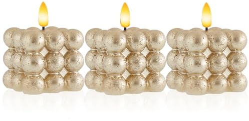 Meisterhome LED Kerzen Set 3er Gold – Bubble Design, Timer, 7,5x7,5 cm – Warmweißes Flackerlicht – Sicher & Dekorativ - Flammenlos – Batteriebetrieben