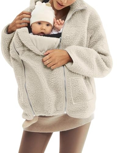 Lxitoler Umstands Baumwolljacke Winter Warm Teddy Fleecejacke mit Kapuze mit Taschen Langarm Känguru Umstandsjacke Jackenerweiterung
