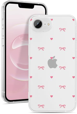 ZTOFERA Clear Case with Bows Pattern for iPhone SE/8/7, Hot Pink | 4.7-Inch, Cute Love Heart & Bowknot Design, Soft Flexible TPU, Shockproof Protective Cover, for Women Girls