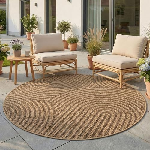 Teppium Outdoor Teppich Rund 120 cm Beige, Wetterfest Pflegeleicht, Natürlicher Jute Look Teppich für Terrasse Balkon Wohnzimmer