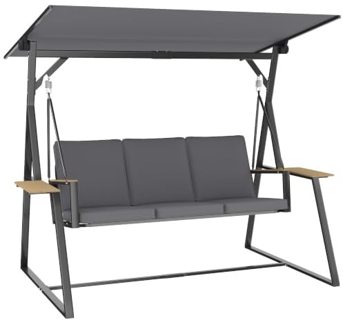 Outsunny 3-Sitzer Hollywoodschaukel mit Verstellbarem Dach 360 kg Grau | Gartenschaukel, Kissen, Getränkeablagen, Stahlrahmen, für Terrasse, Veranda