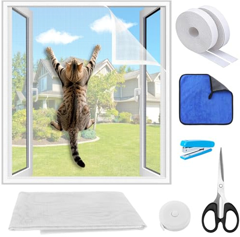 Cat Window Guard Screen, DIY Adjustable Window Fly Screen Mesh for Bugs Insects Pets, Self-Adhesive Cats Proof Window Screen, Cats Window Protection, Indoor Cat Safety Netting Mesh,51x59 (White)
