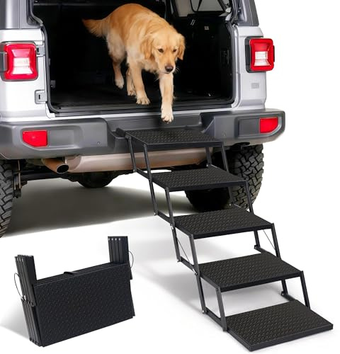 Hanured Rampa per Cani Pieghevole,Scaletta per Cani 5 Gradini, superficie antiscivolo, scala pieghevole per cani fino a 100 kg, per animali domestici, auto, SUV, furgoni